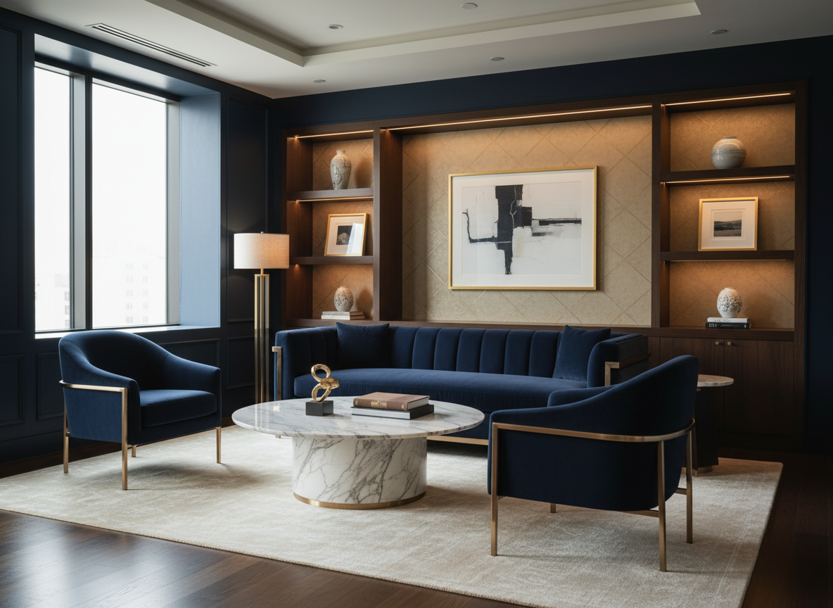 Elegant, warm, softly-lit interior of an upscale financial advisory office lounge